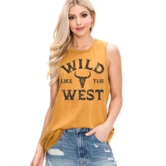 Mustard Yellow Wild Like The West Graphic Sleeveless Relaxed Fit Tank Top Shirt - Picture 1 of 1